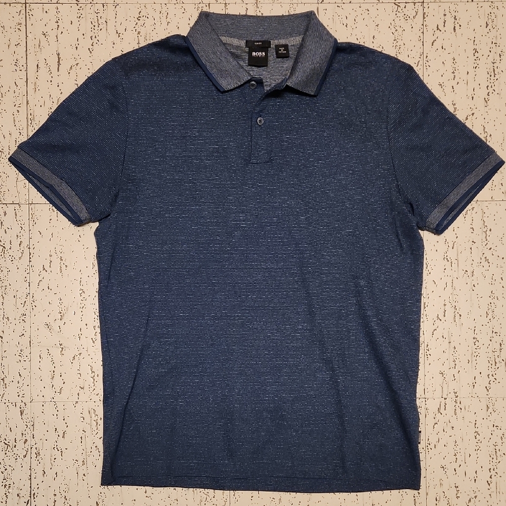 Hugo Boss Navy Blue Pin Stripe Slim Fit 1/4 Button Down Short Sleeve Polo Shirt